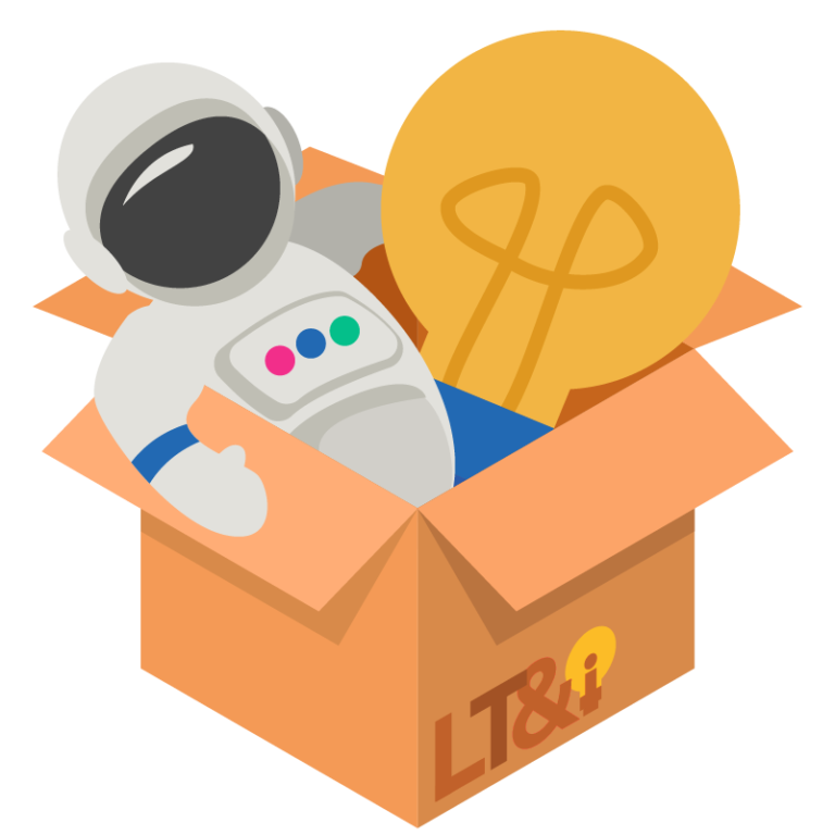Austronaut and lightbulb inside a cardboard box