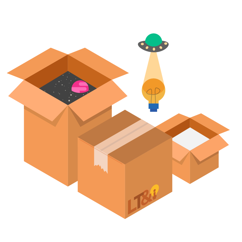 A series of 3 boxes, 2 open: one box contains space including a planet, and the other a white void. An alien is seen abducting a lightbulb over the third box